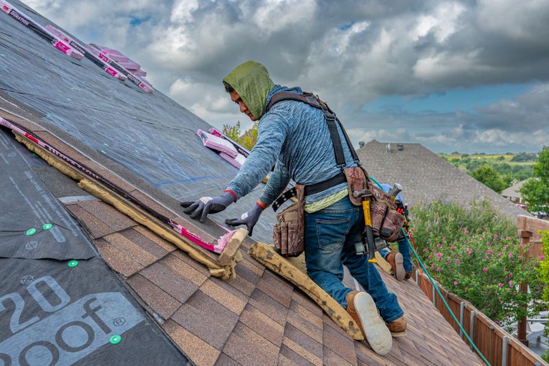 Roofers installing shingles on a home under blue skies